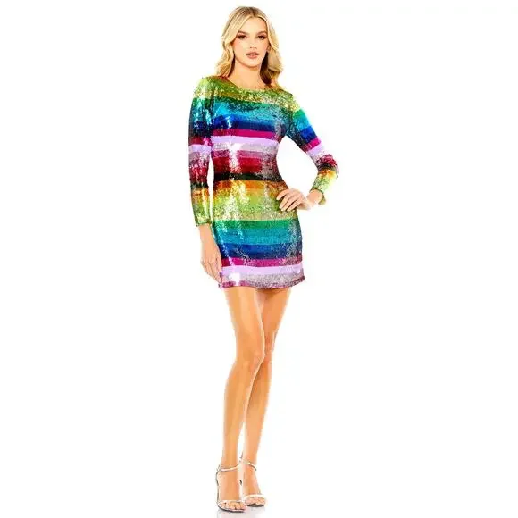 Mac Duggal Rainbow Sequin Mini Long Sleeve Dress Fun Pride size 6 - Picture 3 of 7